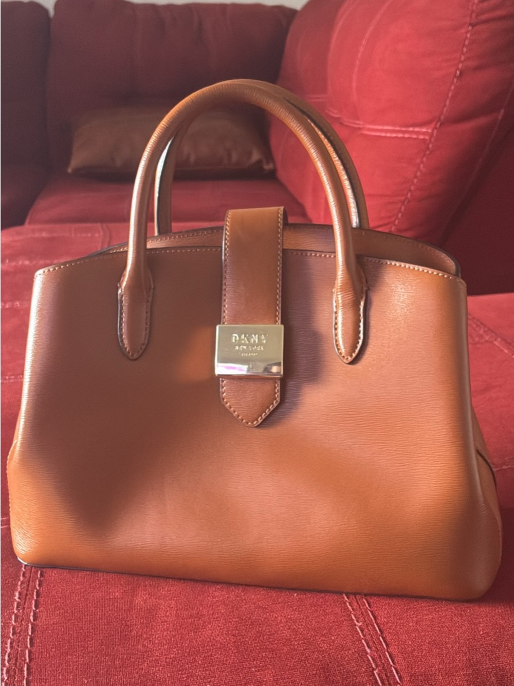 DKNY Brown Leather Top-Handle Satchel with Gold Accent
